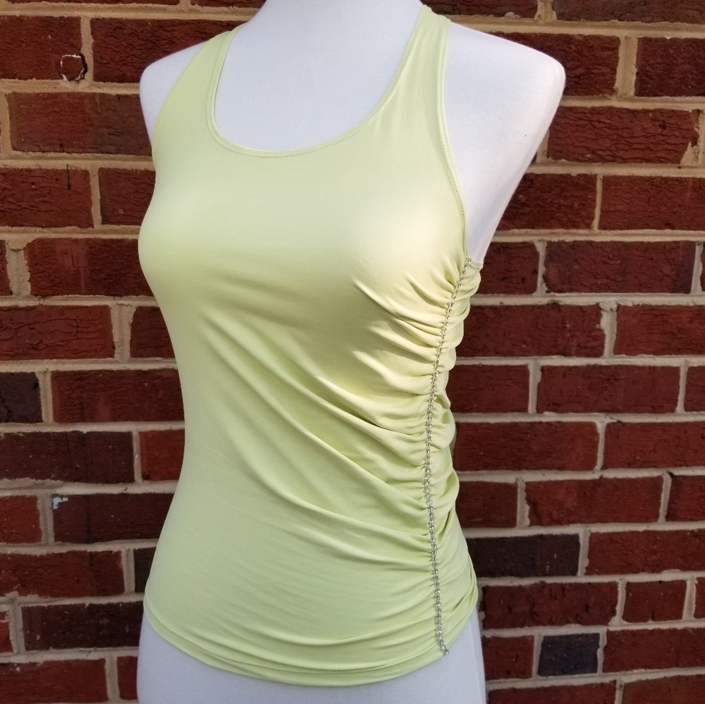Neon Green Ruched Tankini Top Rhinestones - Picture 2 of 7